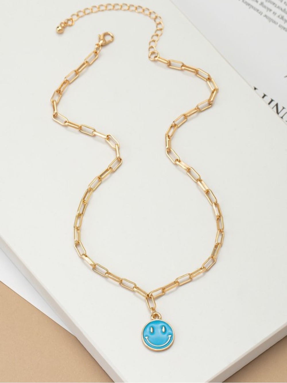 Happy Smile Face Necklace Blue Pendant Paperclip Chain